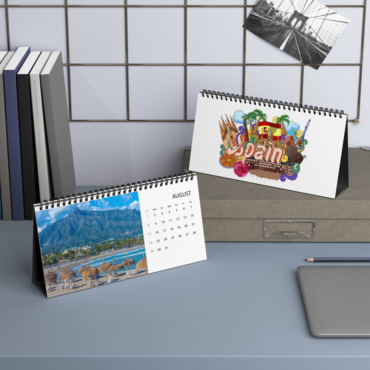 Spain Desk Calendar 2027 — Illustrated Travel Desktop Calendar with Monthly Grid