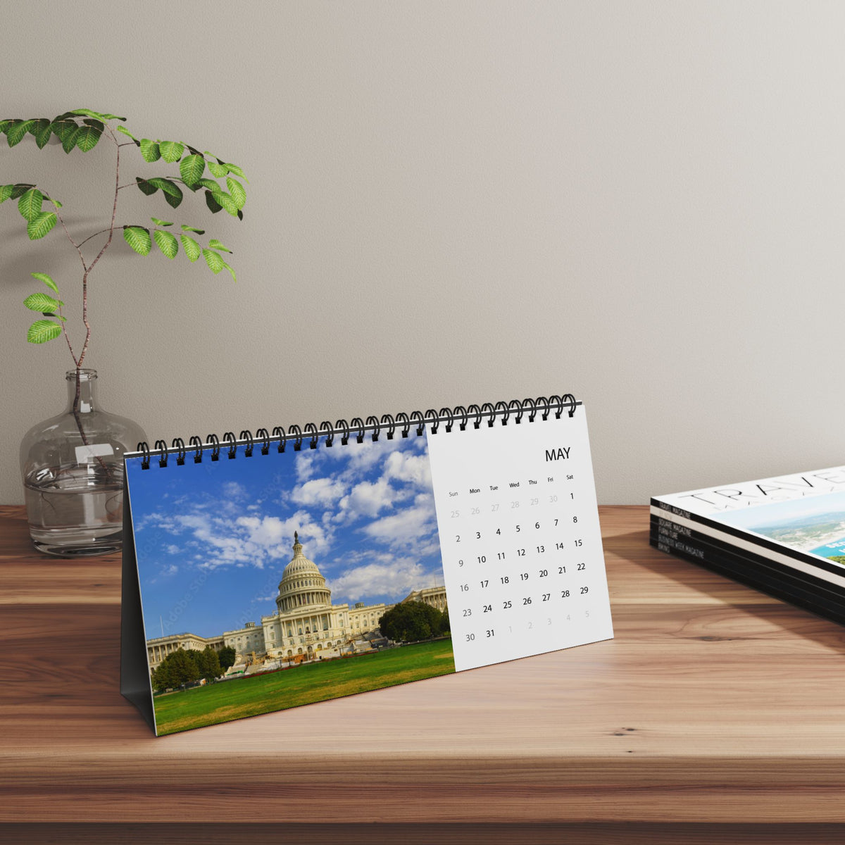 USA 2027 Desktop Calendar Scenic Grid Calendar (Patriotic Flag & Landmarks)