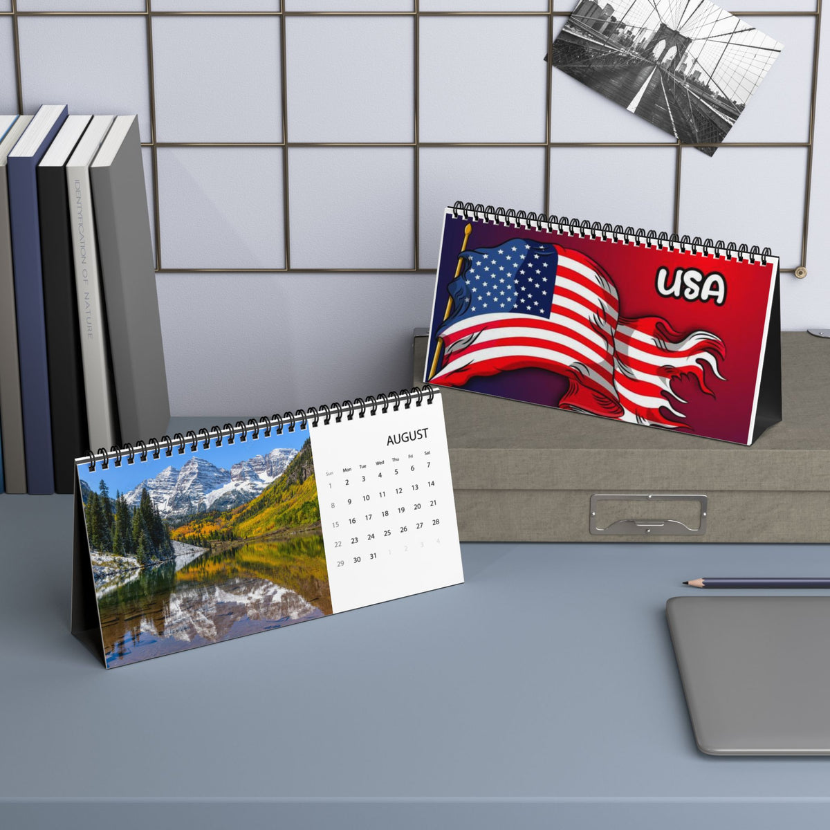 USA 2027 Desktop Calendar Scenic Grid Calendar (Patriotic Flag & Landmarks)