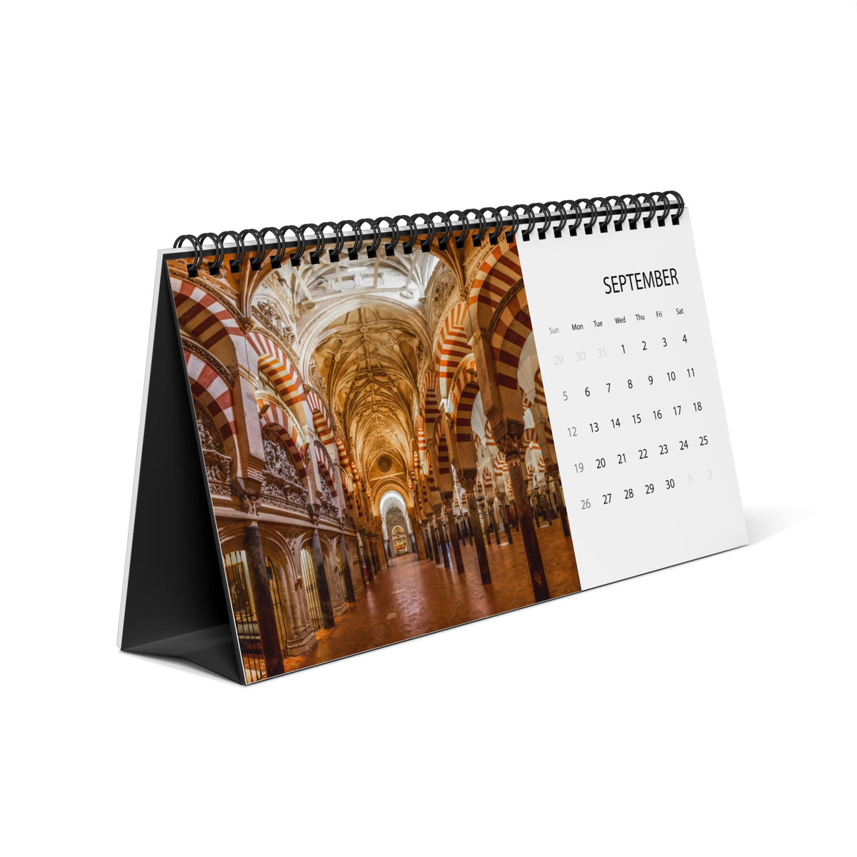 Spain Desk Calendar 2027 — Illustrated Travel Desktop Calendar with Monthly Grid