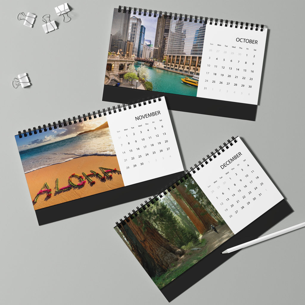 USA 2027 Desktop Calendar Scenic Grid Calendar (Patriotic Flag & Landmarks)