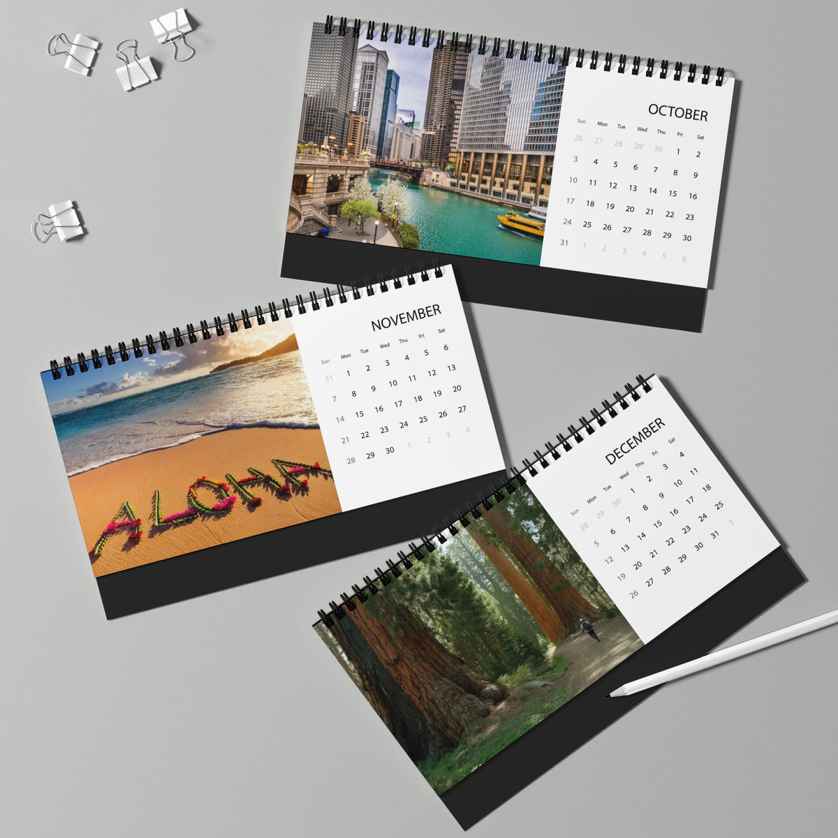 USA 2027 Desktop Calendar Scenic Grid Calendar (Patriotic Flag & Landmarks)