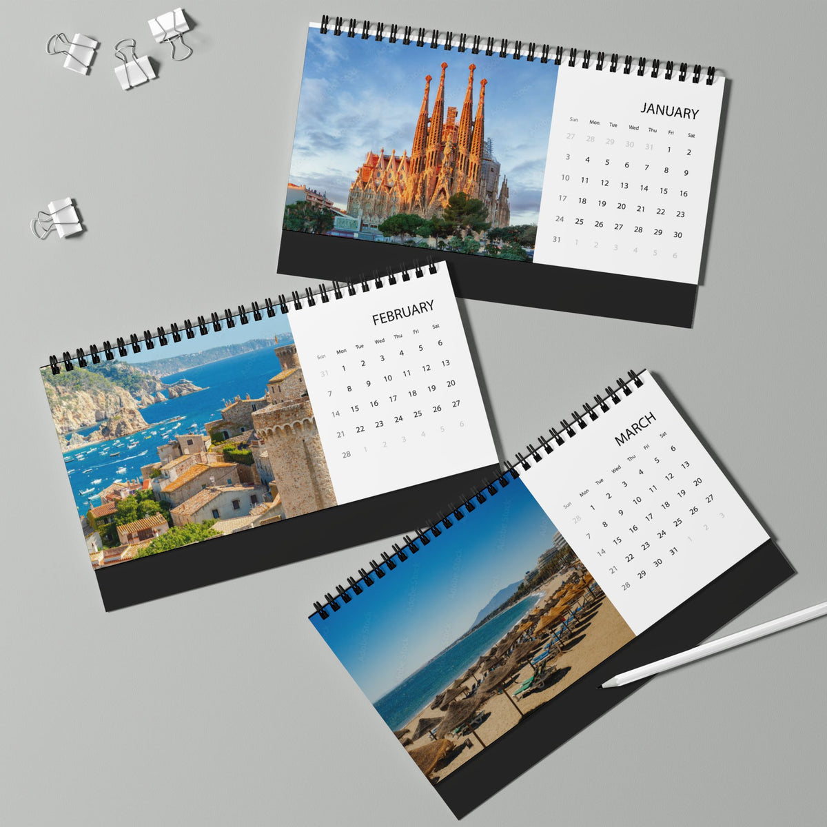 Spain Desk Calendar 2027 — Illustrated Travel Desktop Calendar with Monthly Grid