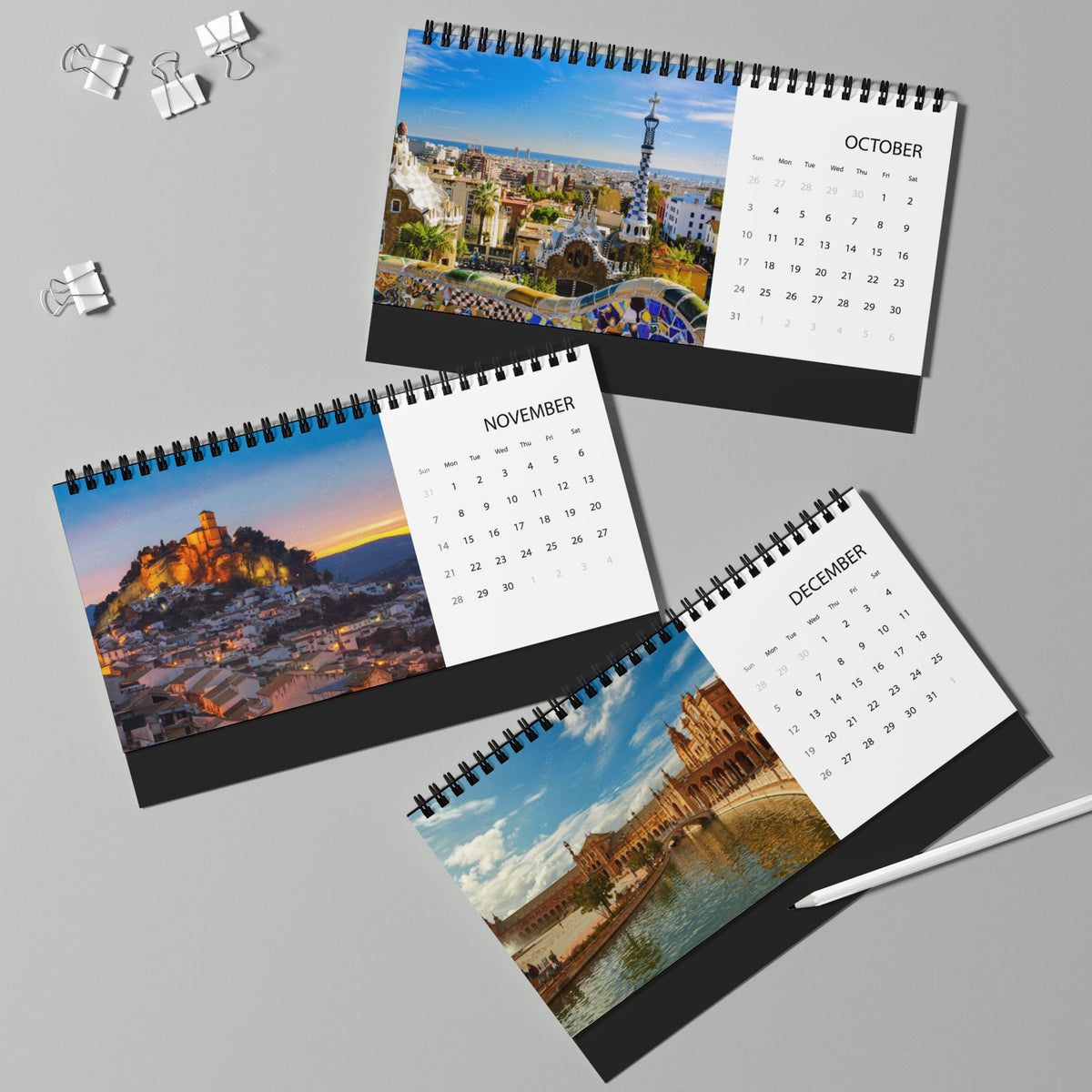 Spain Desk Calendar 2027 — Illustrated Travel Desktop Calendar with Monthly Grid