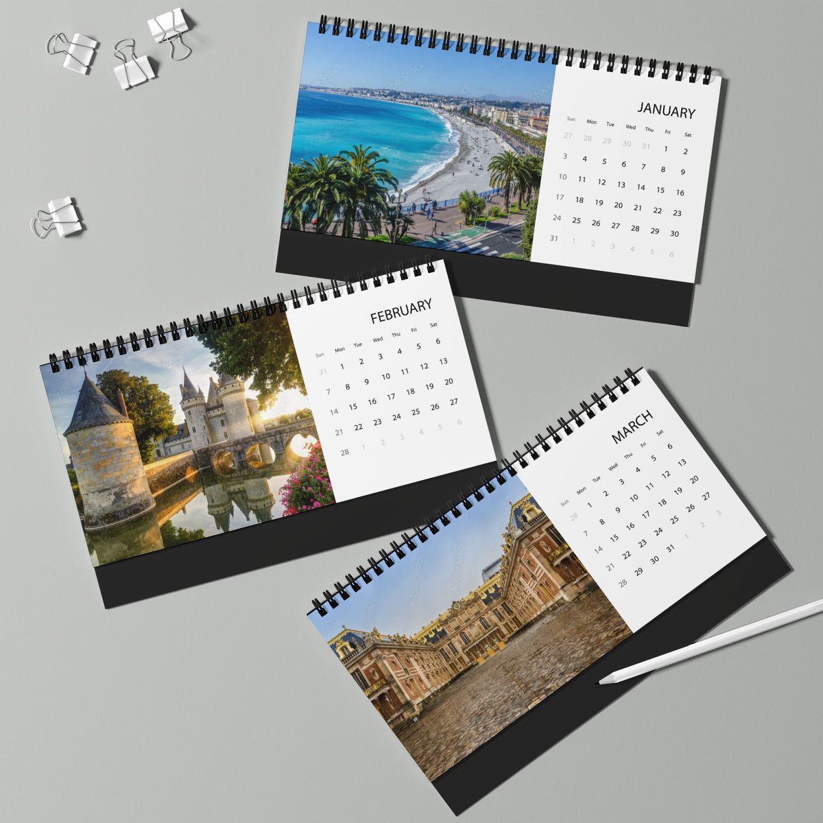 France Desktop Calendar 2027 — Scenic Monthly Grid Desk Calendar
