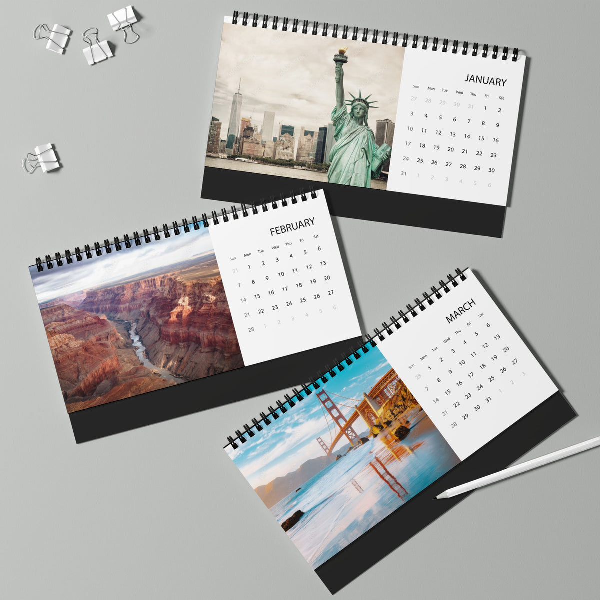 USA 2027 Desktop Calendar Scenic Grid Calendar (Patriotic Flag & Landmarks)