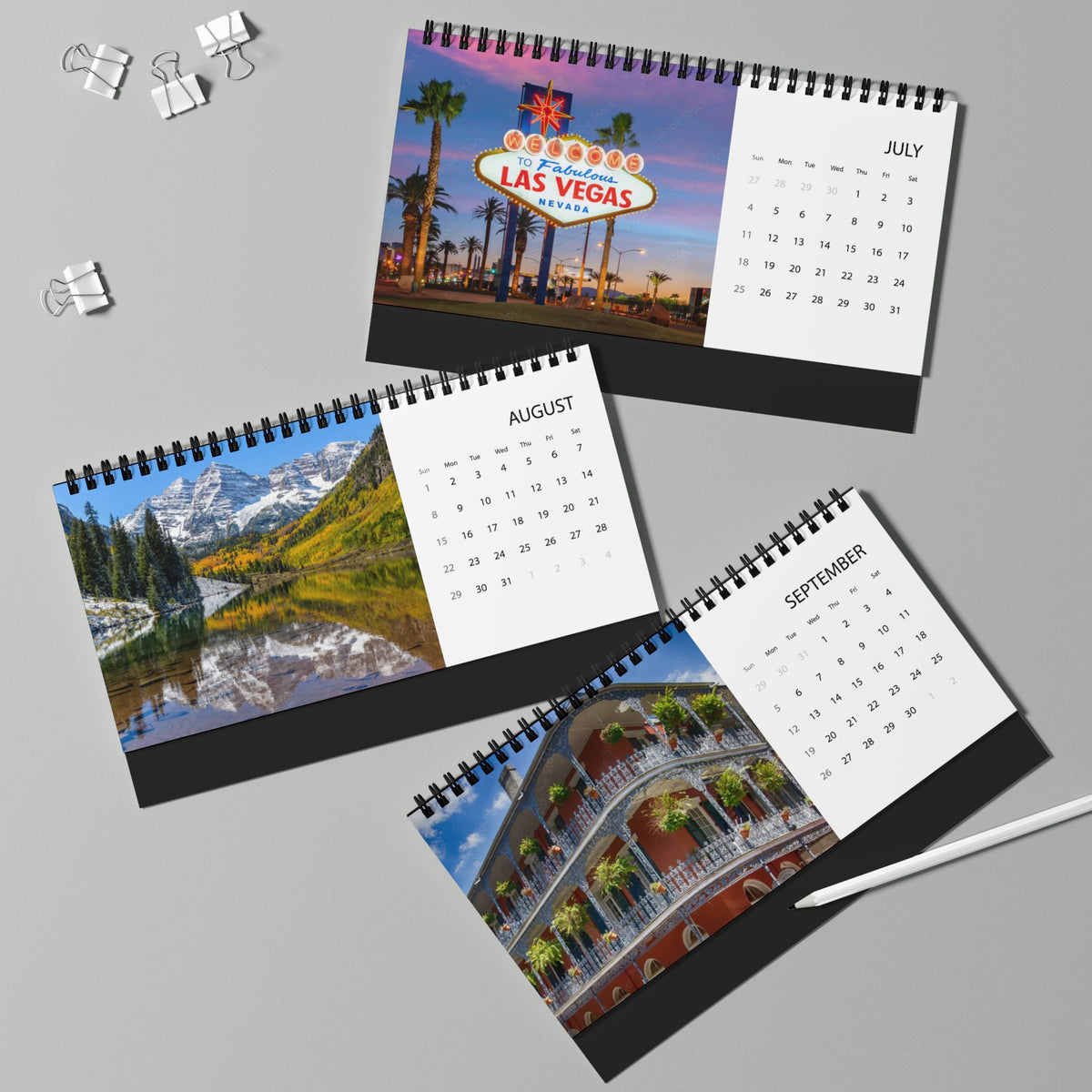 USA 2027 Desktop Calendar Scenic Grid Calendar (Patriotic Flag & Landmarks)