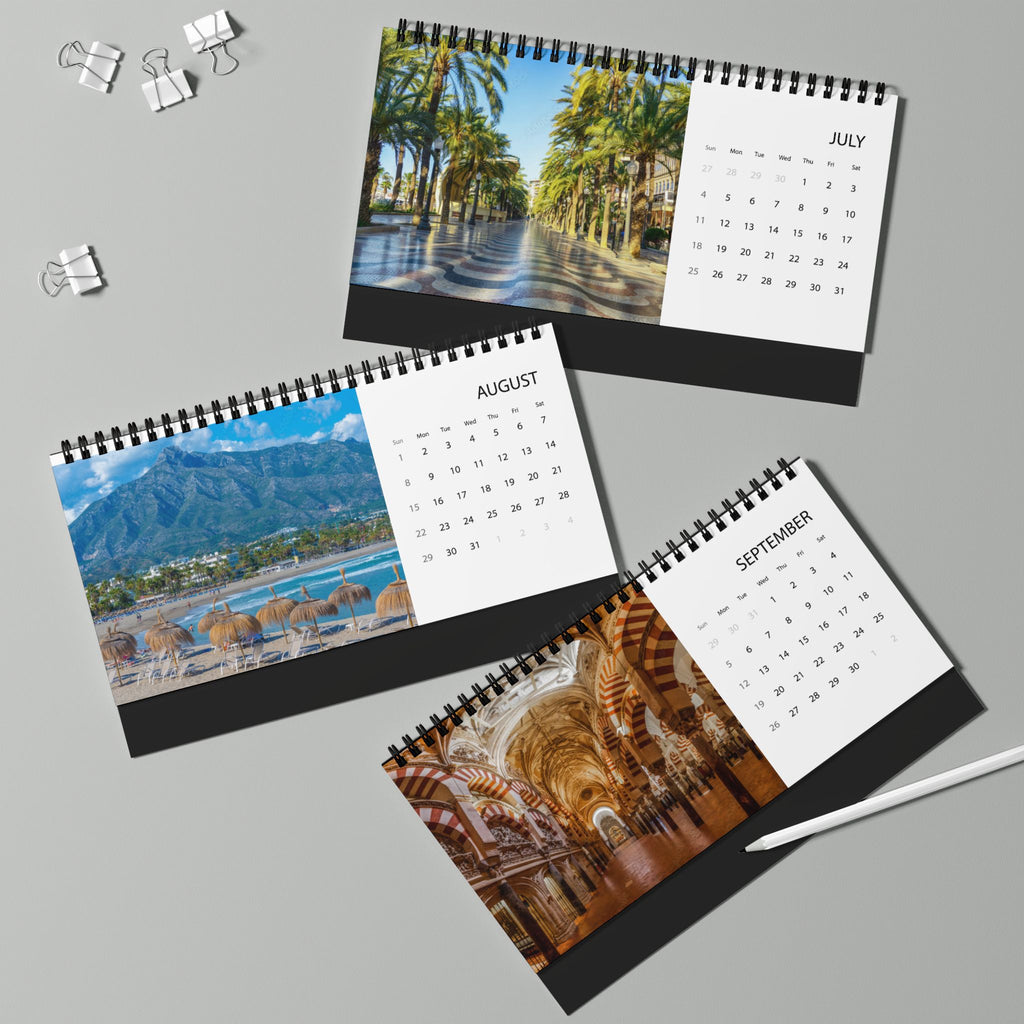 Spain Desk Calendar 2027 — Illustrated Travel Desktop Calendar with Monthly Grid