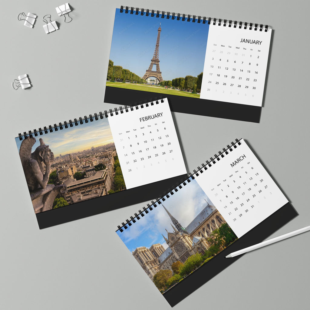 Paris 2027 Grid Desk Calendar with Eiffel Tower & Landmark Photos