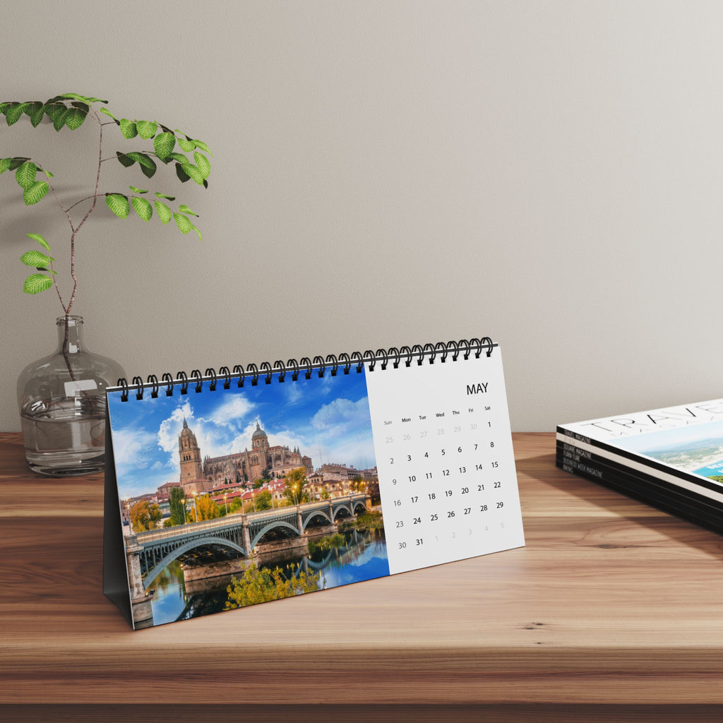 Spain Desk Calendar 2027 — Illustrated Travel Desktop Calendar with Monthly Grid