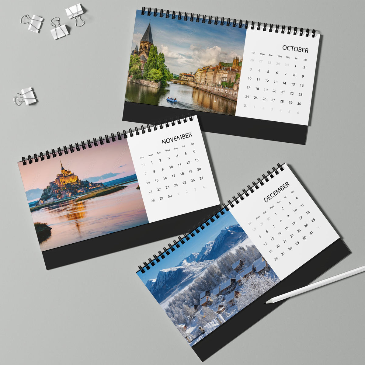 France Desktop Calendar 2027 — Scenic Monthly Grid Desk Calendar