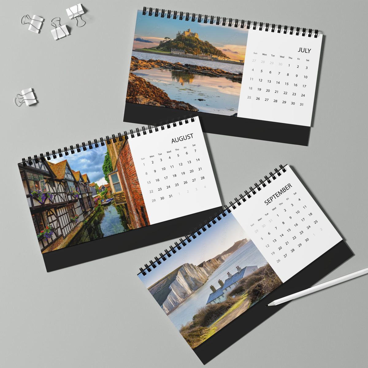 England Desktop Calendar 2027 — Scenic UK Travel Grid Calendar (Desk Size)