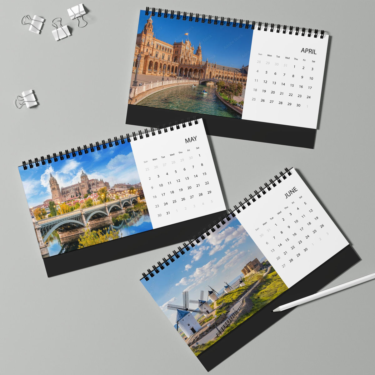 Spain Desk Calendar 2027 — Illustrated Travel Desktop Calendar with Monthly Grid