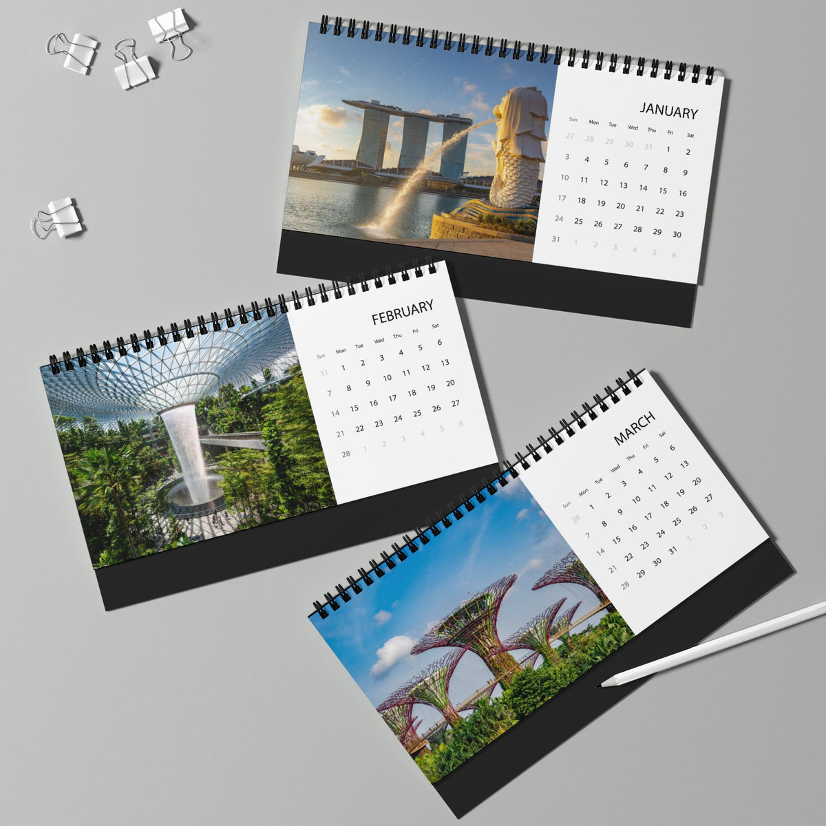 Singapore Desktop Calendar 2027 — Scenic Grid Desk Calendar with City Photos