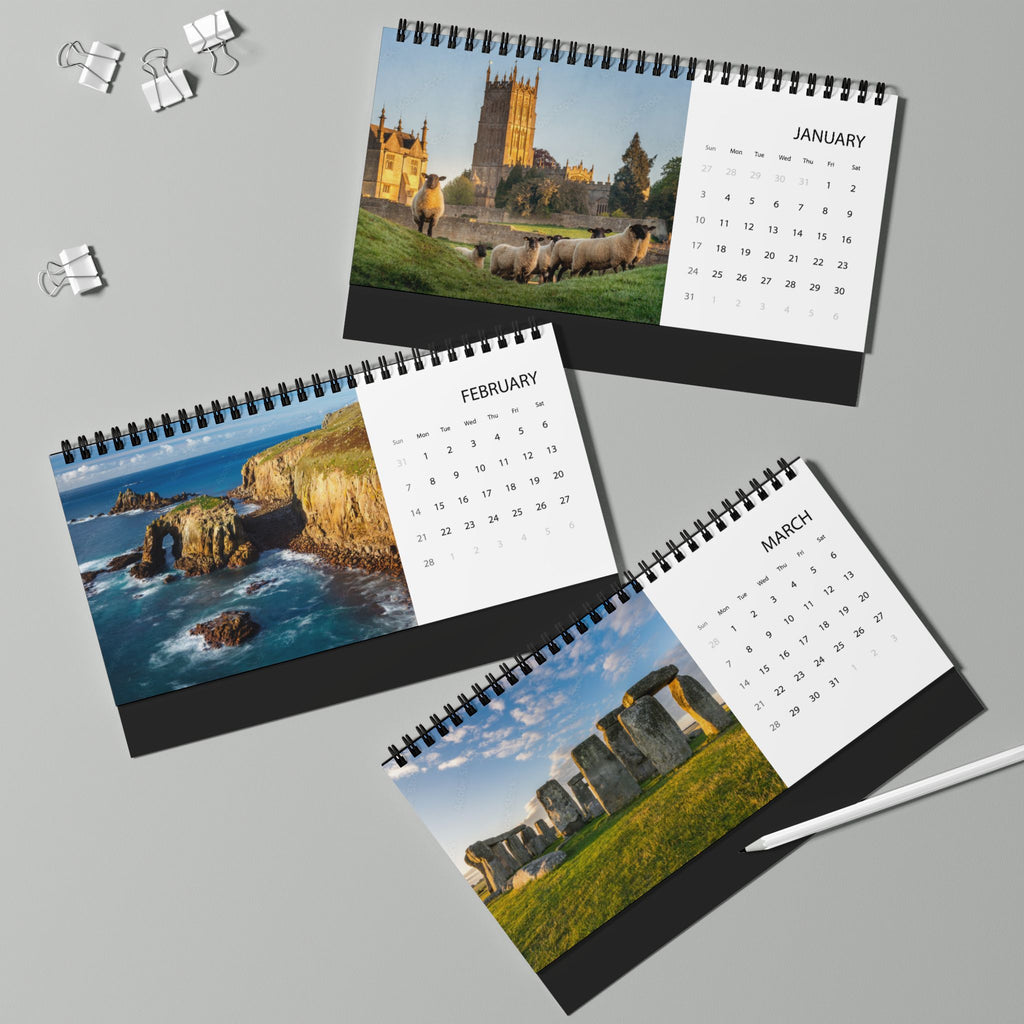 England Desktop Calendar 2027 — Scenic UK Travel Grid Calendar (Desk Size)