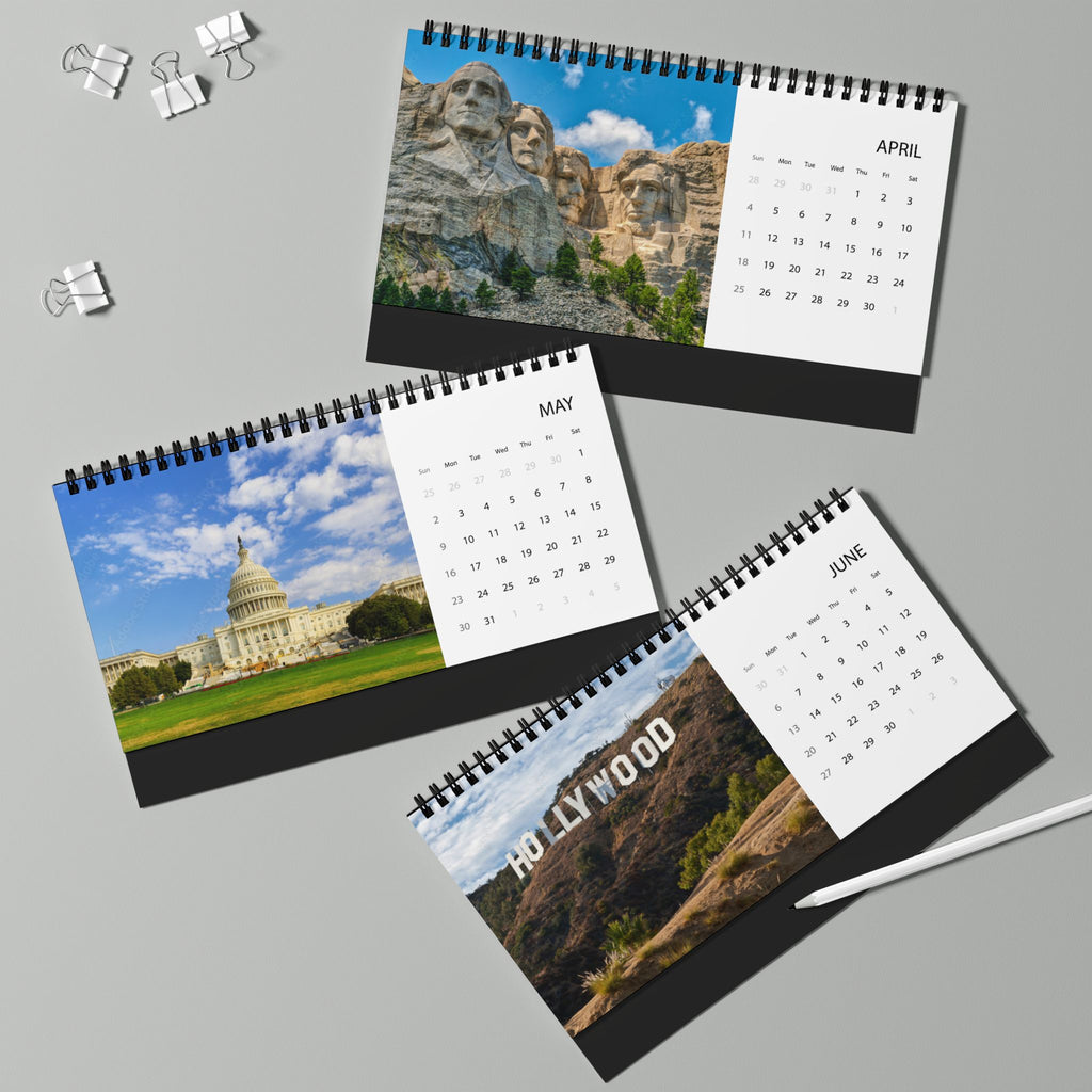 USA 2027 Desktop Calendar Scenic Grid Calendar (Patriotic Flag & Landmarks)