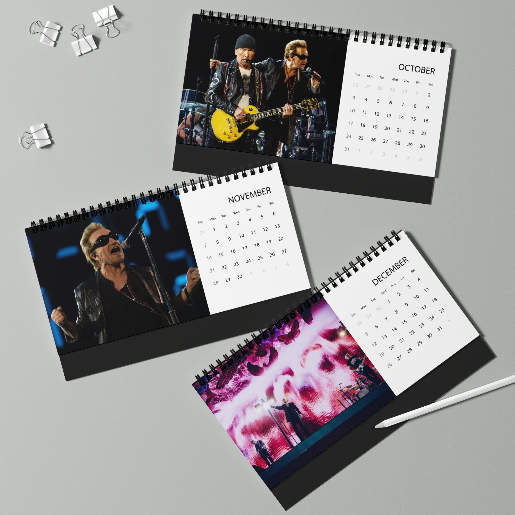 U2 2027 Desktop Calendar — Spiral-Bound Concert Photo Grid Calendar